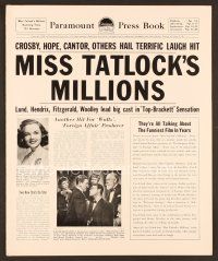8r425 MISS TATLOCK'S MILLIONS pressbook '48 John Lund, Wanda Hendrix, it's got a million laughs!