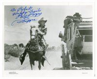 8s091 ROY ROGERS signed 8x10 REPRO still '80s great image riding on Trigger beside stagecoach!
