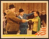 8t525 NOTHING BUT TROUBLE LC #6 '45 Stan Laurel & Oliver Hardy holding hands & greeting David Leland