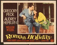 8t604 ROMAN HOLIDAY LC #8 '53 Gregory Peck stares down at Audrey Hepburn asleep on his shoulder!