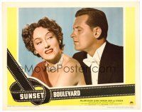 8t691 SUNSET BOULEVARD LC #7 '50 great close up of William Holden & smiling Gloria Swanson!