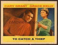 8t733 TO CATCH A THIEF LC #7 '55 close up of Cary Grant & Brigitte Auber on boat, Hitchcock!