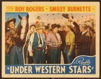 8t751 UNDER WESTERN STARS LC '38 Roy Rogers & Smiley Burnette with sheriff by crowd of men!