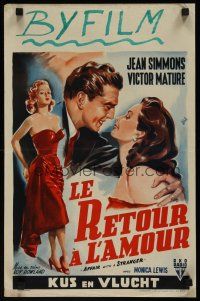 8y441 AFFAIR WITH A STRANGER Belgian '53 Wik art of Jean Simmons, Victor Mature & sexy bad girl!