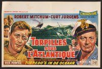 8y471 ENEMY BELOW Belgian '57 artwork of Robert Mitchum & Curt Jurgens in the Navy!
