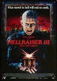 8z517 HELLRAISER III: HELL ON EARTH video 1sh '92 Clive Barker, great c/u of Pinhead holding cube!
