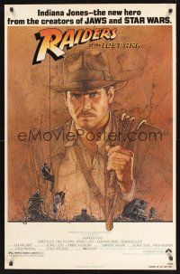 8z657 RAIDERS OF THE LOST ARK 1sh '81 great art of adventurer Harrison Ford by Richard Amsel!