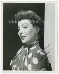 9a077 LORETTA YOUNG signed 8x10 REPRO still '80s head & shouldewrs portrait in polka dot outfit!