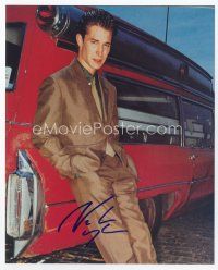 9a081 NOAH WYLE signed color 8x10 REPRO still '00s full-length in really fancy suit leaning on car!