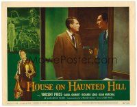 9b380 HOUSE ON HAUNTED HILL LC #6 '59 Alan Marshal standing by door facing Vincent Price holding gun