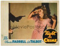 9b533 NIGHT FOR CRIME LC '43 pretty woman in peril backed against wall by hand with gun!