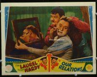 9b553 OUR RELATIONS LC '36 great image of Oliver Hardy shaving Stan Laurel using mirror!