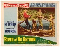 9b616 RIVER OF NO RETURN LC #7 '54 Robert Mitchum, Rettig & sexy Marilyn Monroe river rafting!