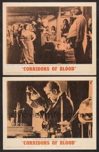 9c761 CORRIDORS OF BLOOD 2 LCs '63 Boris Karloff, Christopher Lee, blood-curdling experiments!