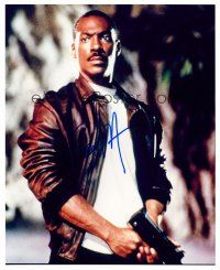 9d083 EDDIE MURPHY signed color 8x10 REPRO still '01 close up in leather jacket holding gun!