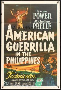 9e067 AMERICAN GUERRILLA IN THE PHILIPPINES 1sh '50 art of Tyrone Power & Micheline Prelle!