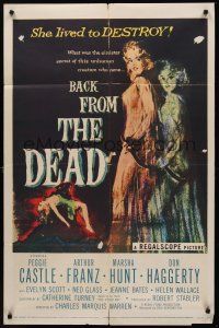 9e104 BACK FROM THE DEAD 1sh '57 Peggie Castle lived to destroy, cool sexy horror art & image!