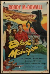 9e169 BLACK MIDNIGHT 1sh '49 Budd Boetticher, Roddy McDowall, big cat attacking horse art!
