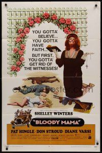 9e183 BLOODY MAMA 1sh '70 Roger Corman, AIP, crazy Shelley Winters w/Bible and tommy gun!