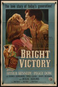 9e214 BRIGHT VICTORY 1sh '51 close up of blind Arthur Kennedy kissing pretty Peggy Dow!
