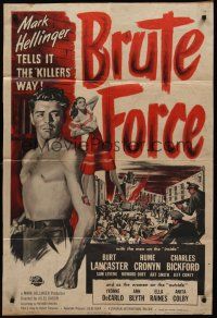 9e219 BRUTE FORCE 1sh '47 art of tough Burt Lancaster & sexy full-length Yvonne DeCarlo!