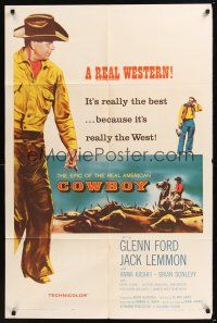 9e286 COWBOY 1sh '58 Glenn Ford & Jack Lemmon in a western movie that has no corn or cliches!