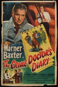 9e289 CRIME DOCTOR'S DIARY 1sh '49 cool art of detective Warner Baxter with gun!