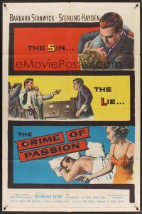 9e290 CRIME OF PASSION 1sh '57 sexy Barbara Stanwyck w/gun to shoot Sterling Hayden!