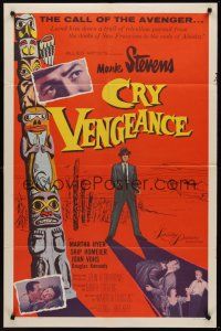 9e295 CRY VENGEANCE 1sh '55 Mark Stevens, film noir, Alaska adventure, cool totem pole art!