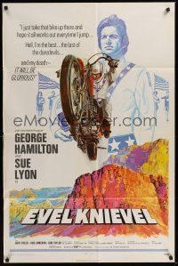 9e376 EVEL KNIEVEL 1sh '71 George Hamilton is THE daredevil, great art of motorcycle jump!
