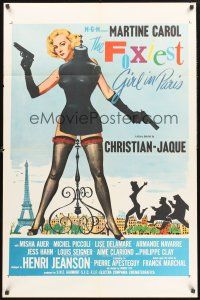 9e416 FOXIEST GIRL IN PARIS 1sh '57 sexy Martine Carol hides behind mannequin w/two pistols!