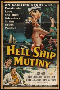 9e477 HELL SHIP MUTINY kraftbacked 1sh '57 Jon Hall kisses tropical bikini babe, Peter Lorre!
