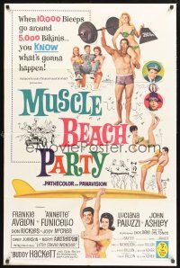 9e651 MUSCLE BEACH PARTY 1sh '64 Frankie & Annette, 10,000 biceps & 5,000 bikinis!