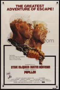 9e699 PAPILLON Allied Artists 1sh '73 art of prisoners Steve McQueen & Dustin Hoffman by Tom Jung!