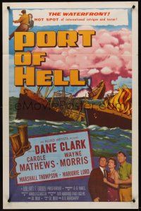 9e714 PORT OF HELL 1sh '54 art of Communist ship with atom bombs about to blow!