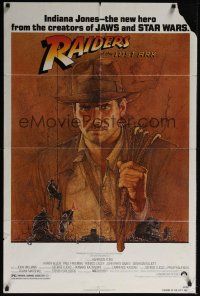 9e739 RAIDERS OF THE LOST ARK 1sh '81 great art of adventurer Harrison Ford by Richard Amsel!