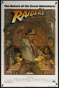 9e740 RAIDERS OF THE LOST ARK 1sh R82 great art of adventurer Harrison Ford by Richard Amsel!
