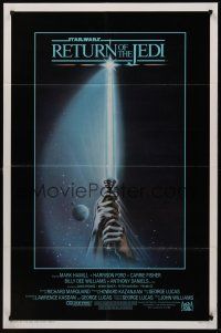 9e748 RETURN OF THE JEDI 1sh '83 George Lucas, Mark Hamill, Harrison Ford, classic lightsaber art!