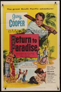 9e750 RETURN TO PARADISE 1sh '53 art of Gary Cooper, from James A. Michener's story!