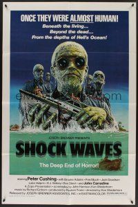 9e796 SHOCK WAVES 1sh '77 Peter Cushing, cool art of wacky ocean zombies terrorizing boat!