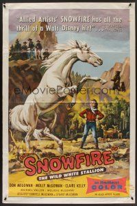 9e818 SNOWFIRE 1sh '58 McGowan family directs & stars, Ken Sawyer art of wild white stallion!