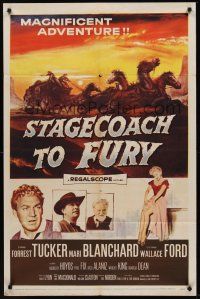 9e831 STAGECOACH TO FURY 1sh '56 pretty Marie Blanchard & Forrest Tucker in magnificent adventure!