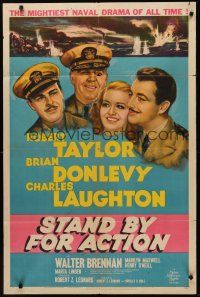 9e834 STAND BY FOR ACTION style C 1sh '43 art of Navy sailors Robert Taylor, Laughton & Donlevy!