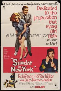 9e860 SUNDAY IN NEW YORK style B 1sh '64 Rod Taylor tickling sexy Jane Fonda!