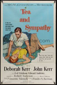 9e875 TEA & SYMPATHY 1sh '56 great art of Deborah Kerr & John Kerr by Gale, classic tagline!
