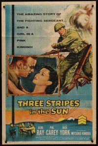 9e899 THREE STRIPES IN THE SUN 1sh '55 Aldo Ray falls for Japanese translator Mitsuko Kimura!