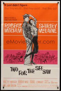 9e933 TWO FOR THE SEESAW 1sh '62 art of Robert Mitchum & sexy beatnik Shirley MacLaine!