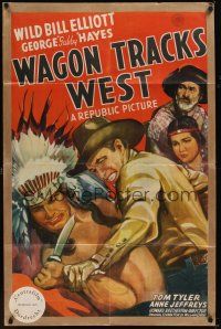 9e946 WAGON TRACKS WEST kraftbacked 1sh '43 art of Wild Bill Elliot vs. Indian, Gabby Hayes!