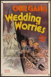 9e959 WEDDING WORRIES 1sh '41 wacky stone litho art of Our Gang gassing bride & groom!