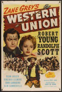 9e961 WESTERN UNION 1sh R47 Zane Grey, Fritz Lang, Randolph Scott w/gun, Robert Young!